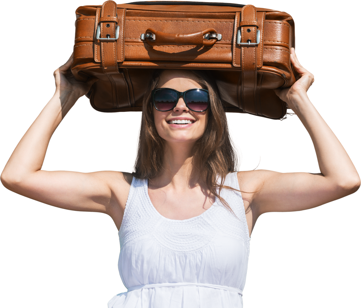 Woman Carrying a Suitcase on Her Head Isolated